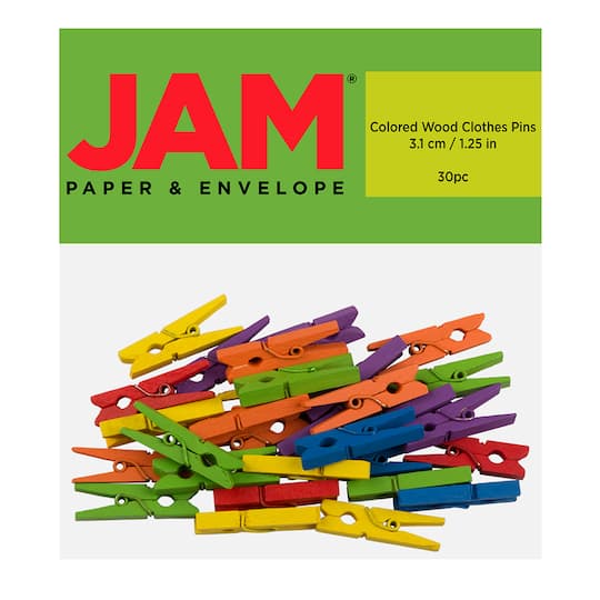 JAM Paper 1.125&#x22; Colorful Wood Clip Clothespins, 30ct.